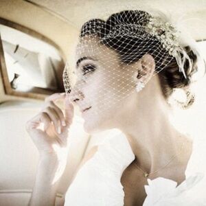 Lauren Elaine Boho Vintage Birdcage French Net Wedding Veil Feathers Crystals